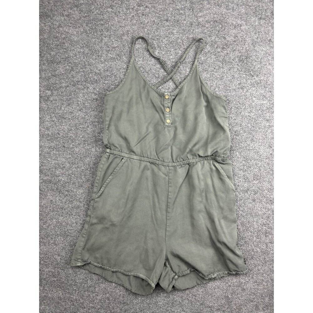 tentree Romper Womens Large Green Tencel Lyocell Button Front‎ Crossback Pockets